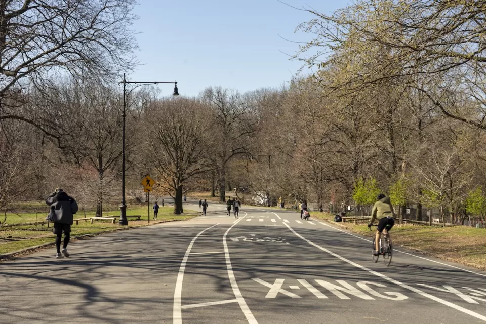 People walking and on bikes on paved multiuse path in Prospect Park, Brooklyn, New York City.